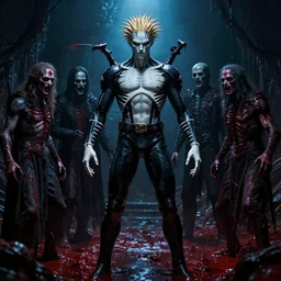 charlie bowater, steve niles, clive barker, pinhead full body hellraiser, surrounded by cenobites, demonic realm, ocean of blood, occult, rembrandt lighting