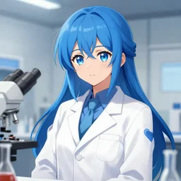 scientist girl in a lab coat, blue hair, anime, pixiv, sharp, detailed, high quality, by greg rutkowski, artgerm