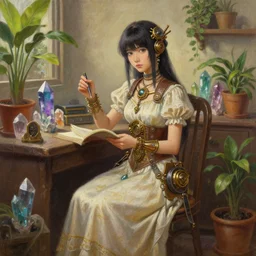 southeast asian scifi alchemist in a well lit study with crystals and potted plants, wearing a lovely dress with steampunk details. this oil painting by the award - winning mangaka has an interesting color scheme and impeccable lighting.