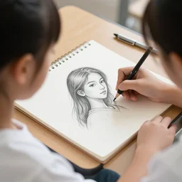photo of a girl drawing in her notebook on a school desk, drawing a pencil sketch of the back of a girl's head, hd, highly detailed, sharp focus