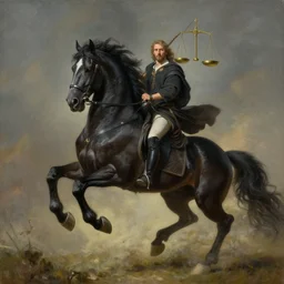 the first horseman of the apocalypse riding a strong big black stallion, horse is running, the rider is carrying the scales of justice, beautiful artwork by artgerm and rutkowski, breathtaking, beautifully lit, dramatic, full view
