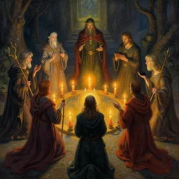 highly detail painting of a a group of sorcerers conducting a ritual in a ring of candles in the style of Greg rutkowski and Peter mohrbacher