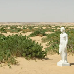 an endless desert landscape with lush vegetation in the style of thomas cole with a minimal marble statue of a tiger placed in the middle of the foreground, raytracing, 8 k, octane render, volumetric, vivid, beautiful, hyperrealism