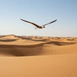 ornithopter flying over a beautiful desert with dunes, by greg rutkowski