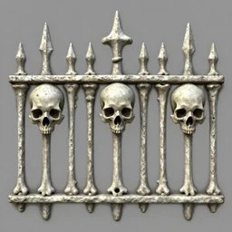 3 d sculpt texture of cemetary ironwork fence made of bones and skulls on a grey background, league of legends
