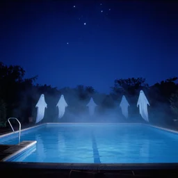 night sky with stars, ghosts, vintage swimming pools, lush fog, deep blue mood, contemporary archival color photograph print from the original negative, by stanley kubrick