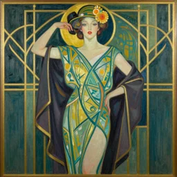 beautiful art deco style woman fashion oil painting by Erte