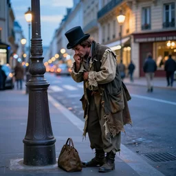 a ragged clothed man begging on a street in early 2 0 th century paris. he has a top hat. street lights. evening. warm atmosphere. epic scene. blue vivid colours.