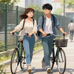 modern teenage couple walking together with their bikes, city background!!!, walking in front of a fence!, full face, medium shot, anime, fantastic details, trending on artstation!!!!!!, pixiv, hyperdetailed, stanley artge rm lau, wlop!!, rossdraws, mandy jurgens and artgerm, william adolphe bouguereau