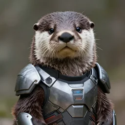 portrait of an anthropomorphic otter with a bored face and futuristic full armor