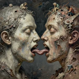 a hyper - detailed conceptual surreal painting with complex textures of two faces eating each other, while small characters build from the destruction and chaos left by the faces eating each other, bizarre horror of manifestations of a restless mind that finds it hard to sleep