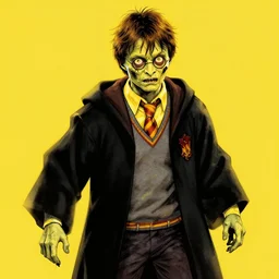 zombie harry potter, in the style of beksinski, yellow, black, vibrant, chiaroscuro, high detail, perfect artwork, clean lines
