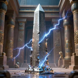 3 d photographic render of a deconstructed obelisk sculpture, chrometype, made of liquid metal, neotribal with thorns and thunders, cyberpunk egyptian temple, raytraced, hyper realistic, volumetric lightning, 8 k, by zhelong xu, ouchh and and innate studio