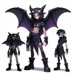 character design sheets for a fashionable nonbinary icon wearing a large gothic manta ray costume, sells empty spray paint cans as a scam and is always covered in paint, always acting decidedly shady, designed by splatoon nintendo, inspired by tim shafer psychonauts 2 by double fine, professional art