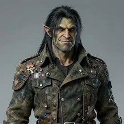 portrait of a middle aged half orc in a dirty patchwork military uniform jacket with cut sleeves and many charms and baubles worked into the fabric, with an upturned collar. grey - green skin with half - long thin black hair. thin fangs showing through his lower jaw with a bemused smile. blueish grey eyes staring intently with a definite intelligence. final fantasy character art