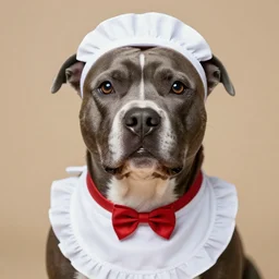 a pit bull wearing a maid costume