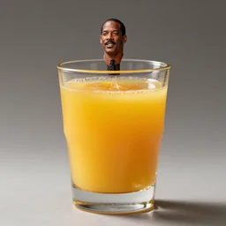 ( miniature of o j simpson ) floating in [ a glass of orange juice ] blend mix hybrid