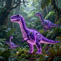 spectral purple neon dinosaurs, lush foggy green jungle in the background