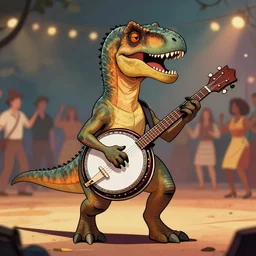 a beautiful illustration of an anthropomorphic bearded velociraptor playing a banjo at a square dance | graphic novel:.3 | unreal engine:.6