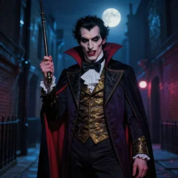 highly realistic photograph of a 1 9 th century vampire in the slums of london at midnight, cg art, digital painting, vibrant colors, exquisite attire, dark alleyway, volumetric moonlight