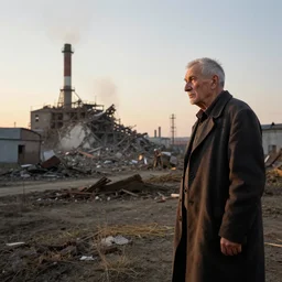 a sad solitary old man looks on as in the evening sunlight as in the distance a factory is demolished, in the style of anton fadeev