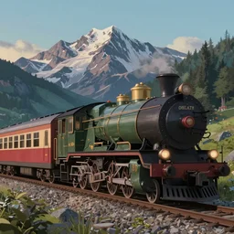 high detailed matte painting of a movie still of'polar express'train with alpine mountains background, evening, hayao miyazaki, artstation