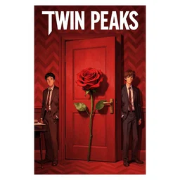 Twin Peaks comic book cover movie poster artwork by Tomer Hanuka, Rendering of a rose by the door of the red cheveron pattern room full of details, Michael Whelan, Patryk Hardziej,  Makoto Shinkai and thomas kinkade, by Gregory Crewdson, Matte painting, trending on artstation and unreal engine