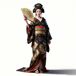 athletic geisha with fan, high detail digital art, full body, standing, isolated on a pure white background, centered, whole figure in frame, sharp focus, studio lighting