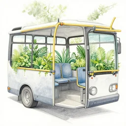 ultra detailed pencil and watercolors and digital illustration of the plants that fill the bus inside by wes anderson, tim burton, tomm moore, jean pierre jeunet ; 4 k 8 k hd high resolution ;