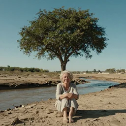 Tree with the facial features of a 65-year-old woman crying one single tear, facing the camera and sitting on a dried up river in a desolate land, blue sky, hot and sunny, highly-detailed, elegant, dramatic lighting, artstation, 4k, cinematic landscape, photograph by Elizabeth Gadd