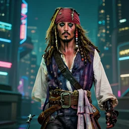 jack sparrow as a cyberpunk futuristic pirate in night city