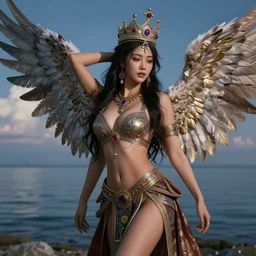 beautiful 3 d render of a sexy asian mongolian princess goddess with angelic wings in a sensual pose, sexy princess wearing a crown with gemstones, near lake baikal, atmospheric lighting, painted, intricate, volumetric lighting, beautiful, rich deep colours masterpiece, sharp focus, ultra detailed, in the style of dan mumford and marc simonetti, astrophotography