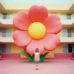 giant flower head, girl standing in 1 9 6 0 s hotel, surreal photography, symmetry, mid century, liminal space, bright colours, wes anderson