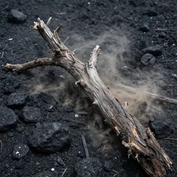 macro of a dry and dead tree in a forest of coal and eroded stones, dust, wind, dirt, advertising photography