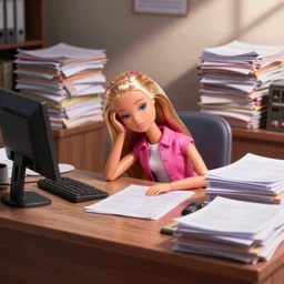 a tired!!!!!!!! and sad!!!!!!!!! barbie doll sits at a desk in her office. the desk is overflowing!!! with several large stacks!!! of paper that surround!!! her entirely. her head is resting on her hand, photorealistic,