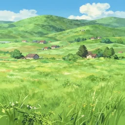 an anime movie background matte painting of a meadow in the countryside, rolling hills, cottages, by Makoto Shinkai, trending on Artstation, highly detailed