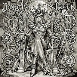 Castlevania Witch, magic the gathering sorceress, sitting on a throne, Jojo's Bizarre Adventure Cover Art, full moon, gothic, symphony of the night, manga, highly detailed, beauty, art by Tim Burton, black and white, intricate, elegant, J. C. Leyendecker