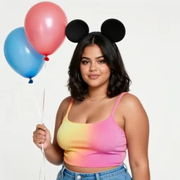 woman, black hair, tan skin, curvy, slight resemblance to selena gomez wearing mickey's ears headband. colorful clothes. birthday. balloons. clean cel shaded vector art. shutterstock. behance hd by lois van baarle, artgerm, helen huang, by makoto shinkai and ilya kuvshinov, rossdraws, illustration,