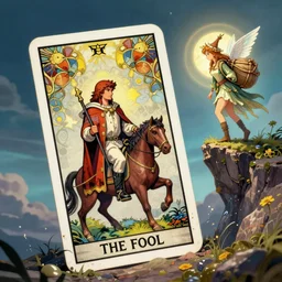the fool tarot card rider waite, cliff on right side of image and hobo fairy with bindle in topright quadrant of image, magic realism, fantasy, whimsical, art by josephine wall, art by pamela colman smith, league of legends splash art, art by artgerm, art by alphonse mucha, trending on artstation