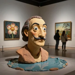 plasticine sculpture stop motion. salvador dali clay models. visitors. gallery paintings of flower. john craxton. water on floor. visitors. room with a small hole in wall. high detail. photorealistic