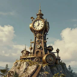 the impossible clock tower on the top of a mountain, steampunk art