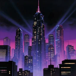 90's cyberpunk skyline, monolithic megastructures, beams of light, in the style of Johnny Mnemonic