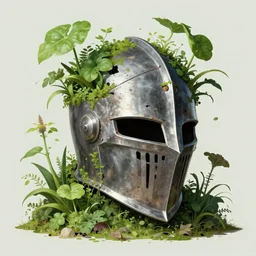 surreal rotten knight helmet with plant overgrowth, after battle helmet broken with plants overgrowth, avant garde monumental dynamic illustration by magritte and edward hopper, illusion surreal arthighly conceptual figurative art, intricate detailed illustration, controversial poster art, polish poster art, geometrical drawings, no blur
