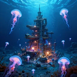 a futuristic underwater construction surrounded by jellyfish and luminous octopuses, lighting, artstation trend