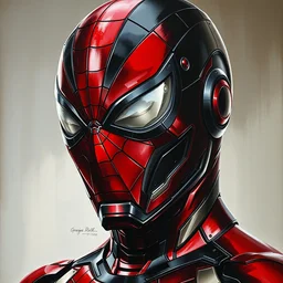 photorealistic, hyperdetailed, oil painting, of a black and red, spider - man and iron man suit hybrid, by greg rutowski