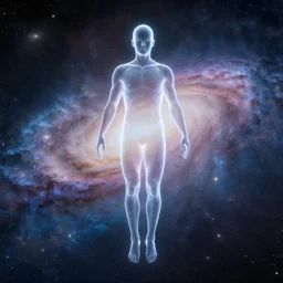 A translucent transparent human floating in a galaxy, award-winning