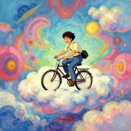 A happy man flying in the sky on his bicycle in the clouds, synesthesia pastel impasto highly rhythmic expressionistic wild symmetrical pleasing palette trending on artstation funhouse surreal unpredictable wild unexplainable fantasy land in the gritty posterized grainy analog style of studio Ghibli and 1960s americana Comics, HQ 8k scan