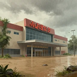 A megamall lobby flooding, rain pouring, overgrown, dusty sky, digital art, artstationhq