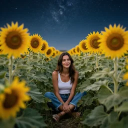 bella sitting in between a sunflower field, realistic, starry sky