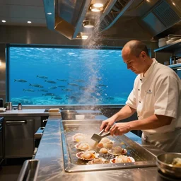 michelin star restaurant interior, kitchen pass an underwater view of pristine scottish seas with fish shoal, dynamic lighting, scallop dredging